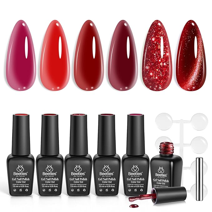 Beetles Red Gel Nail Polish Set, Gel Polish 6 Colors Cat Eye Glitter Burgundy Bright Jelly with Magnet, Soak Off LED Lamp DIY Salon at Home Manicure Gifts for Women Red Revival