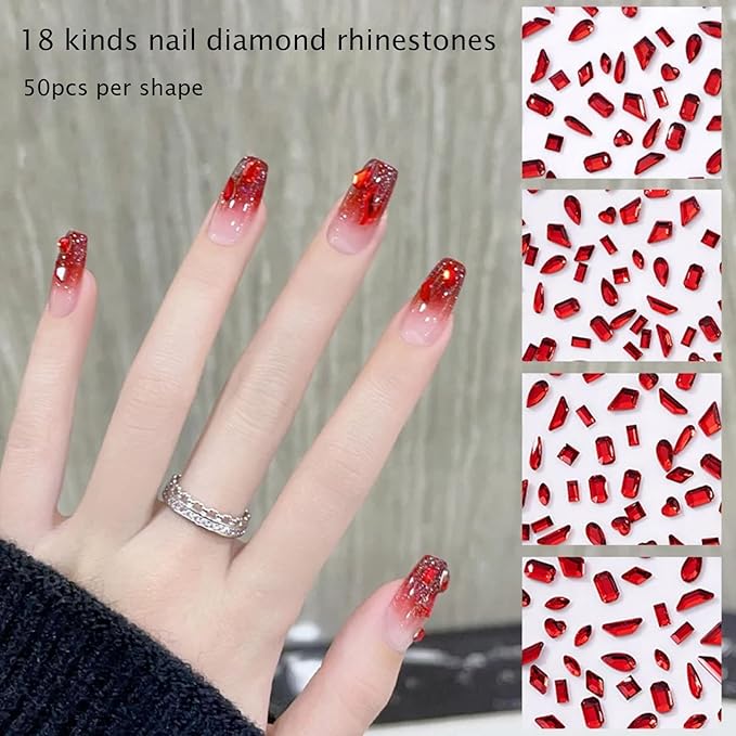 Red Nail Rhinestones Kit, 18 Types of 900 Special-Shaped Nail Diamonds + 3200 Flat-Bottomed Nail Rhinestones, 3D Nail Crystal Rhinestones for Nail Art DIY Decorations