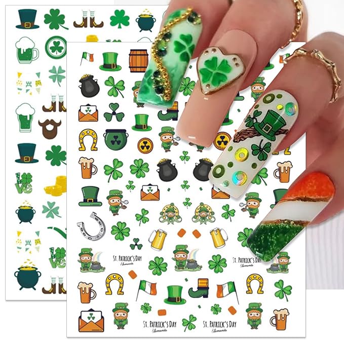 St. Patrick's Day Nail Art Stickers, Irish Shamrock Leprechaun Hat 3D Self-Adhesive Nail Decals Lucky Clover Design (6 Sheets)