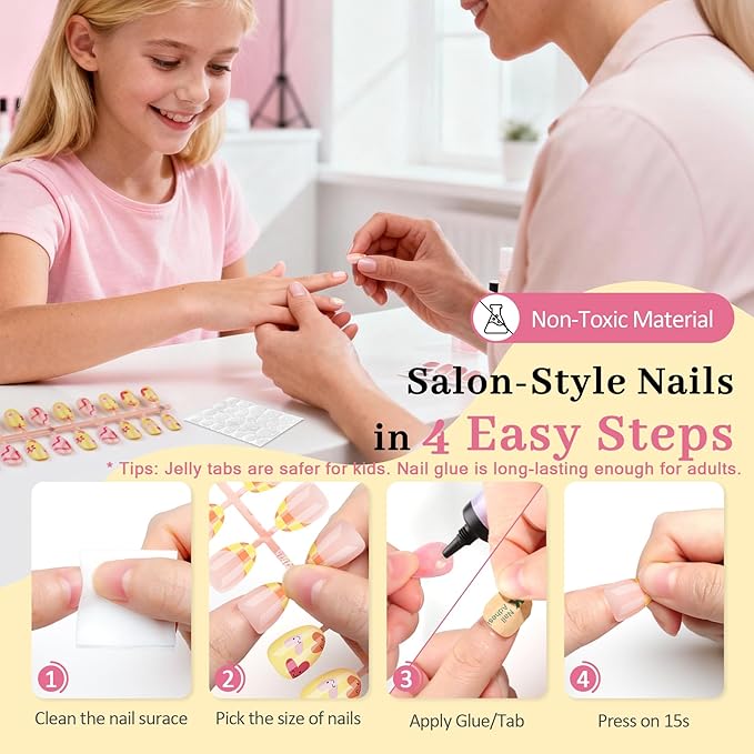 16 Sizes Press on Nails Kit for Kids - 32 Pieces French Almond Fake Nail Tips for Girls 8-12 Years Old with Jelly Nail Adhesives & No-Lamp Nail Glue, Birthday Easter Gifts (Happy Smile)