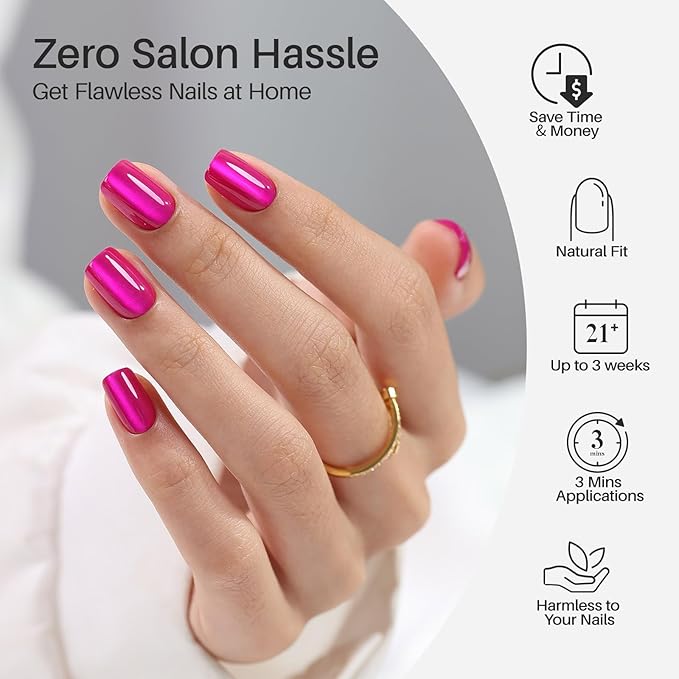 Hot Pink Press on Nails Short - SHANGMENG Soft Gel Cat Eye Press on Nails Square for Women, Naturally & Full Cover Reusable Glue on Nails in 16 Sizes - 32 Fake Nails Kit with Glue, Hot Pink