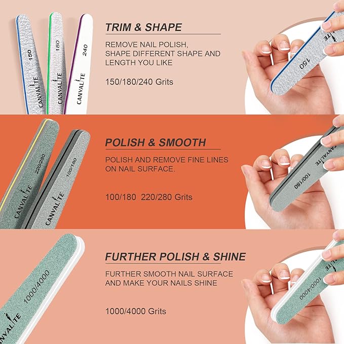 Nail Files Canvalite Nail File and Buffer Professional Emery Boards Washable Double Sided Reusable Manicure File for Home and Salon Use 6 PCS