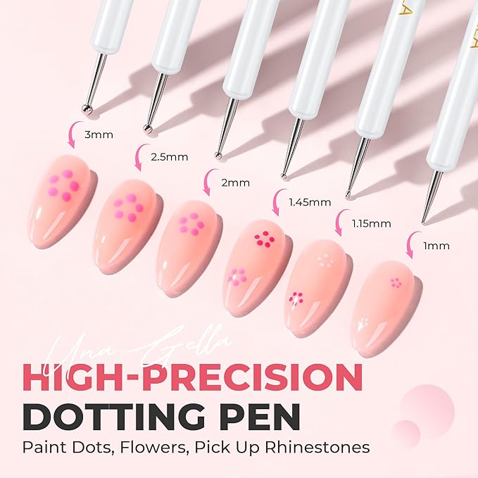 UNA GELLA Nail Art Brushes Set 6PCS White Color Nail Design Painting Brush Set Nail Dotting Tools Double-headed Nail Art Builder Gel Polish Christmas Liner Brushes for DIY Nail Drawing Supplies