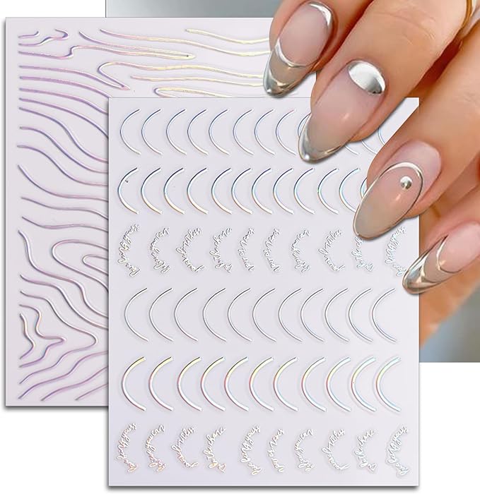 24 Sheets Aurora Nail Art Stickers, Holographic Self-Adhesive Pegatinas Uñas Glitter Design Moon Star Sparkles Heart Line Nail Decals