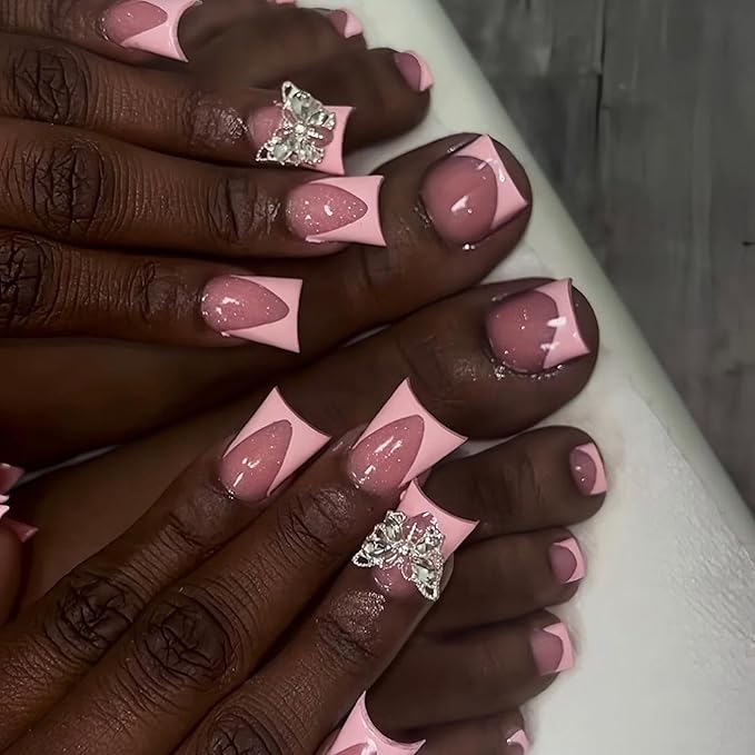 48Pcs Pink French Tips Press on Toenails Short Duck Press on Nails with Rhinestones Butterfly Charm Design Glossy Glitter Fake Toenails Full Cover Nails Summer False Nails for Women Girls Manicure