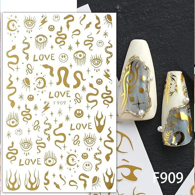 6 Sheet Gold Nail Stickers Black Snake Eyes Leaf Nail Art Stickers 3D Self-Adhesive Bronzing Sun Star Decals Starlight Nail Design Sticker for Acrylic Nail Supplies Women Nail Decorations