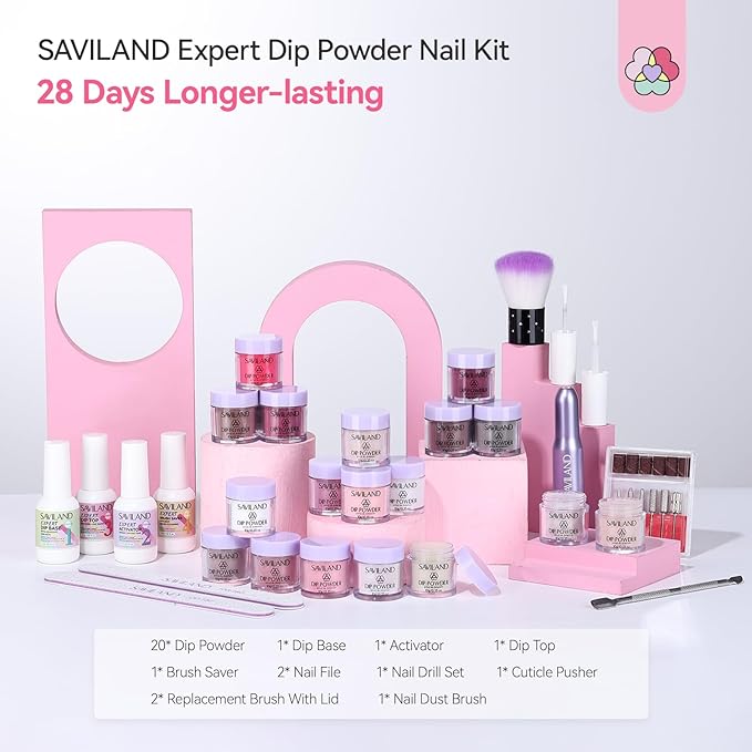 SAVILAND Dip Powder Nail Kit with Drill: 20 Winter Color Pink Nude Grey Dip Nails Powder Starter Kit with Essentials Liquid Set Dip Base Top Activator Brush Saver French Nail Art Women Christmas Gift