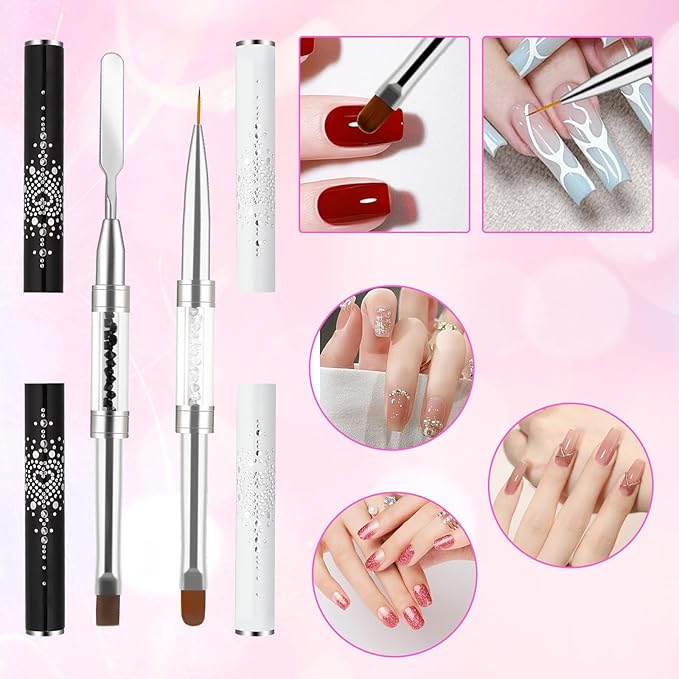 2Pcs Double Ended Nail Art Brushes Hard Gel Nail Brush French Tip Brush Hard Gel for Nails Salon Grade Rhinestone Handle Professional Nail Art Design Brushes(White, Black)