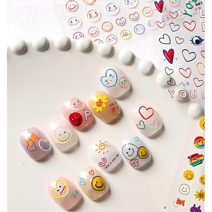 Dedyel Smile Nail Art Stickers Cute Cartoon 5D Embossed Kawaii Smile Face Self-Adhesive Nail Stickers for Women Girls Kids Nail Art Decoration