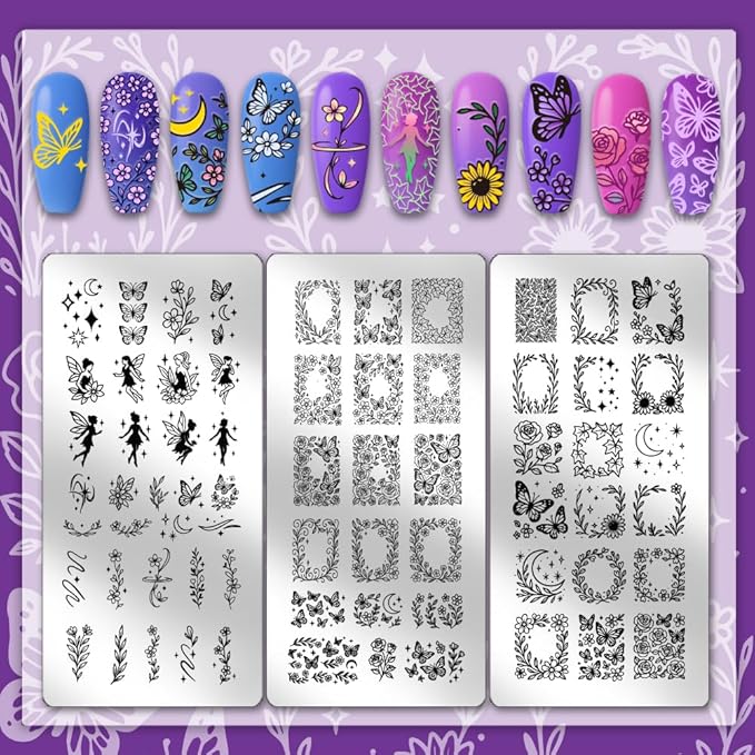 PH PandaHall 3pcs Angel Fairy Nail Stamping Plate Flower Border Nails Art Templates Butterfly Rose Plants Manicure Art Stencils Moon Star Nail Image Plates for Women Manicures Salon Print Design