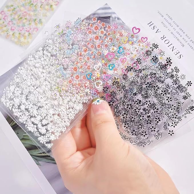 90 Sheets Flower Nail Art Stickers Decals 3D Self-Adhesive Daisy Cherry Blossoms Flower Nail Sticker Black White Colorful Floral Nails Supplies for Women Girls Manicure Decoration with Nail Tweezer