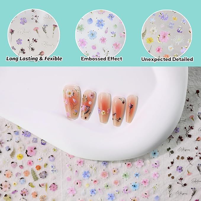 Golden Flower Nail Art Stickers, Summer Spring Floral Nail Decals, Self-Adhesive, Nail Accessories for Women, Nail Decorations 3 Sheets