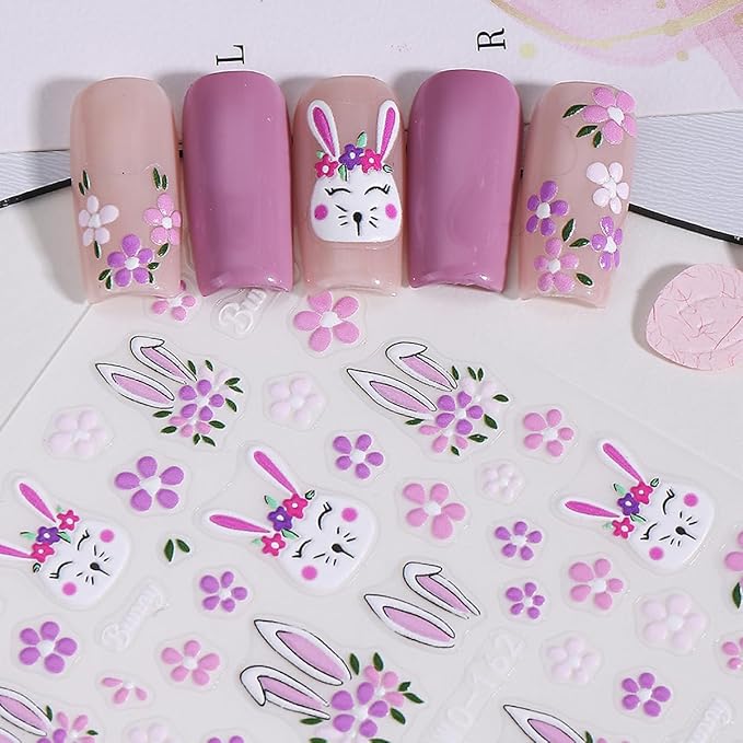 Easter Nail Stickers 6 Sheets - 5D Embossed Bunny, Eggs & Flowers Design, Self-Adhesive Nail Art Decals for Women DIY Manicure