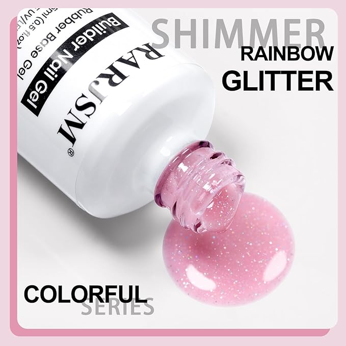 RARJSM Nude Sweet Pink Rainbow Glitter Rubber Base Coat Gel Nail Polish Natural Skin Tone Iridescent Shimmer Brush on Extend Jelly Gelpolish Soak Off Curing Requires 15ml Salon Home French Manicure