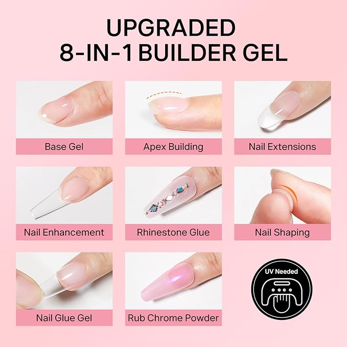MIZHSE Gel Nail Kit, Fake Nails Long Coffin, 8-in-1 Builder Gel for Nails & Portable Mini U V Light, 240Pcs Half Matte Nail Tips for Nail Extension DIY Nail Salon for Women & Girls