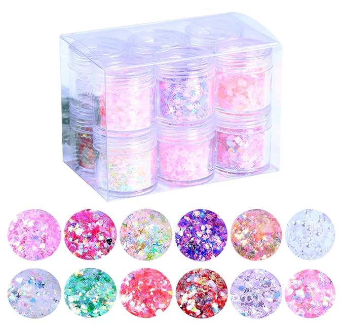 Nail Flat Diamond Sequins Stars Moon Heart Shaped Mixed Glitter Super Bright Colorful Eye Makeup High Bottle 12PCS