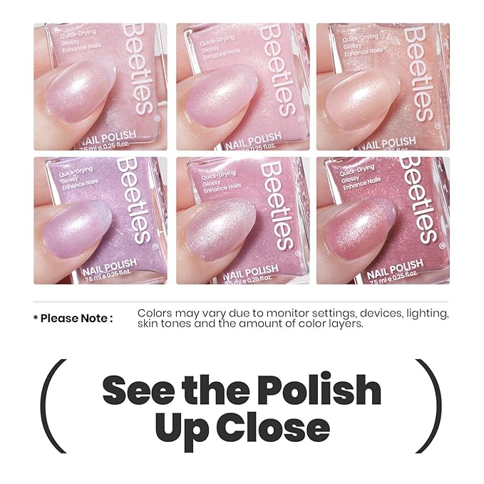 Beetles Pink Nail Polish Set, 6 Colors Glitter Quick Dry Nail Polish Kit Sly Moonlit Fairy Fingernail Polish Gifts for Women Salon DIY Valentines Nails