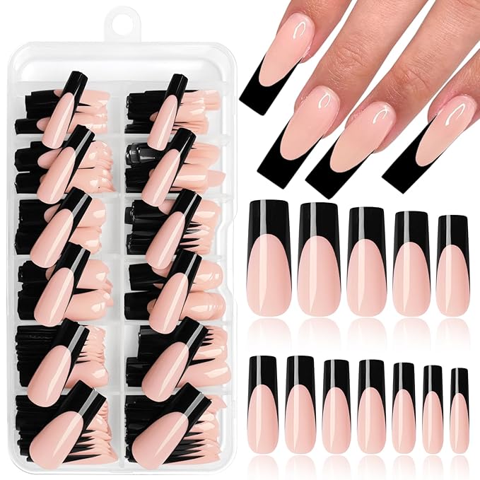 216PC Black French Tip Press on Nails Long Fake Nails Press ons with 10*Adhesive Tabs, Pink Square Acrylic Nails Press on Nails French Tip Nails False Artificial Fingernails Stick on Nails