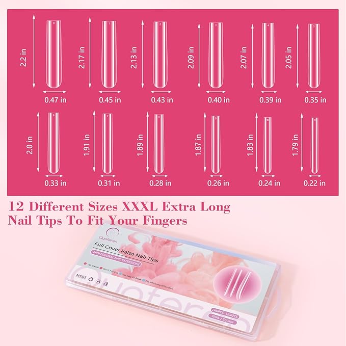 Clear Long Square Nail Tips: XXXL Extra Long Straight Tips Square for Acrylic Nails - Full Cover C Curve Acrylic Gel Nail Tips for Salon DIY Home Salon 240Pcs 12 Sizes