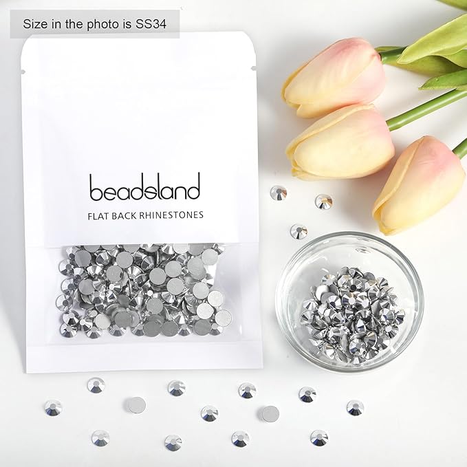 Beadsland Flat Back Crystal Rhinestones Round Gems for Nail Art and Craft Glue Fix, Silver Hematite, 7.0-7.3mm, SS34/288pcs