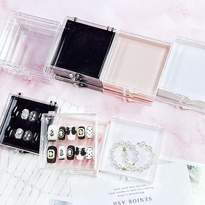 12PCS Press On Nail Packaging Storage Box,Square Plastic Nail Case Storage Display Box for False Fake Nails Press on Nails Organizer for Small Business Home Nail Salon Use