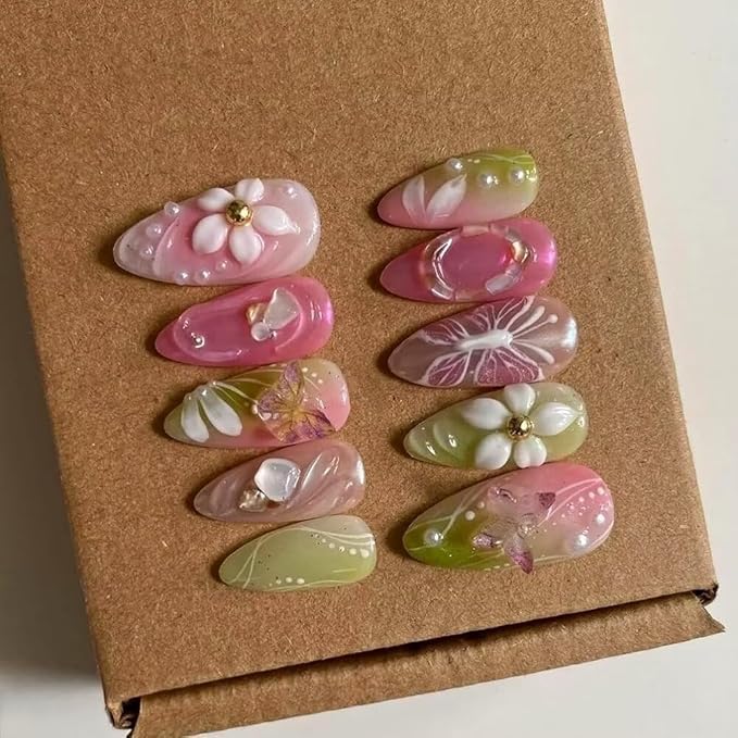 Small Size MAGLFELL Press On Nails - 3D Almond Handmade Unique Fake Nails, Artistic Design, Thick Acrylic and Muti-Layer Gel False Nails (Size S)