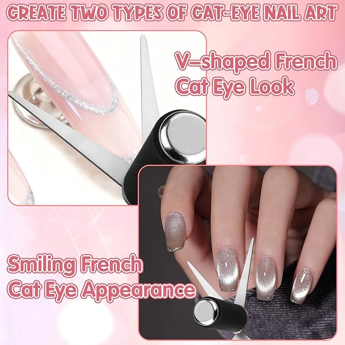 3Pcs Cat Eye Magnet for Nails - 3-in-1 Nail Art Magnet Kit with Scissor & Cylinder Magnets to Create Glass Beads, Wide & Curved Cat Eye Gel Polish Designs, Great for Salon & DIY Manicure