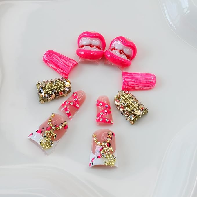 10Pcs Handmade Press on Nails Short Duck Fake Nails with 3D Flaming Red Lips Rhinestone Design Funny Multi-Layer Acrylic False Nails Handmade Duck Nails Press ons Reusable Stick on Nail for Women (M)