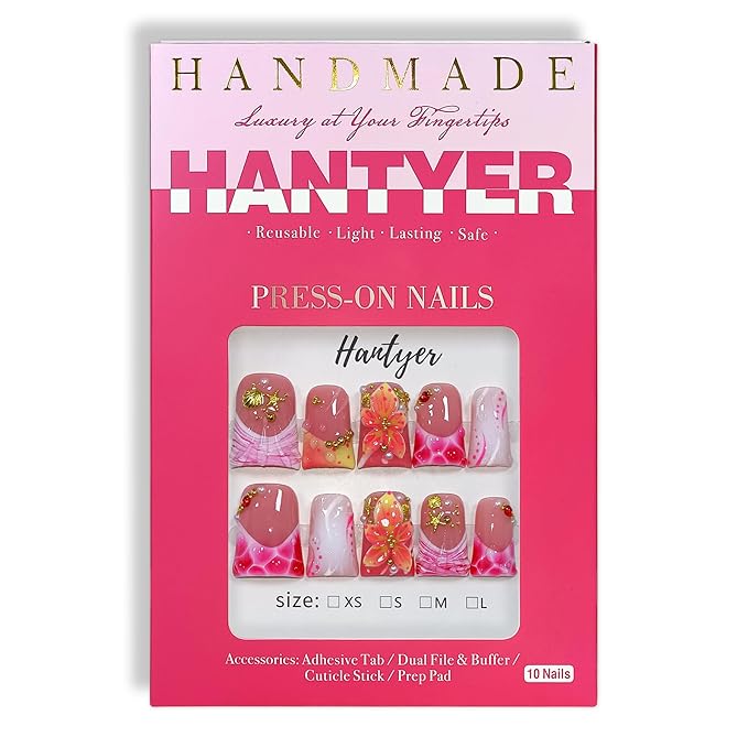 10pcs Short Duck Nails, Pink Leopard French Tip Press on Nails with 3D Floral & Gold Seashells, Glossy Glam Fake Nails, Reusable False Nails for Women Beach Party Vacation (Size S)