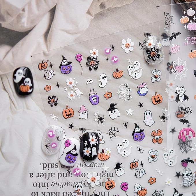 Halloween Nail Stickers 5D Embossed Cute Ghost Nails Designs Flower Nail Supplies 3D Self-Adhesive Colorful Spider Web Nail Decals Balloon Nail Art Decoration for Women Girls DIY Manicure 1 Sheet