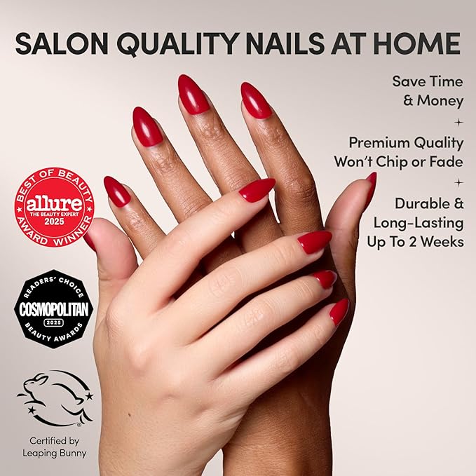 Glamnetic Press On Nails - Classic Red Fake Nails | Opaque Cool Tone, Timeless Red Short Almond Fake Nails, Salon Quality | 15 Sizes - 30 Nail Kit with Glue