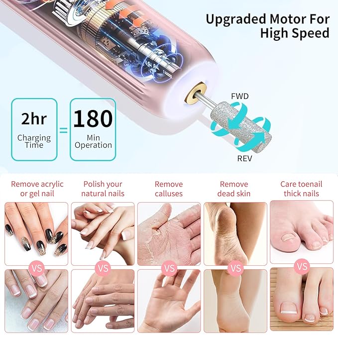Electric Nail File Set,Professional 3 Speeds Cordless Electric Nail Drill Kit for Acrylic Gel Nails,12 in 1 Manicure and Pedicure Tools for Home Salon(Pink)