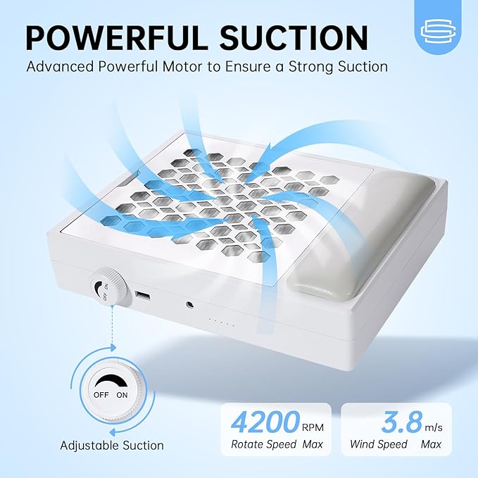 Nail Dust Collector, Cordless Dust Collector Nail Tech, Professional 550PA Vacuum Fan Vent Dust Extractor Quiet Dust Suction Machine for Acrylic Nails Polishing, Nail Salon&Home