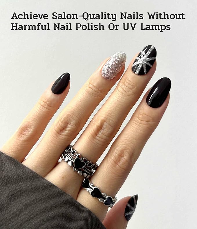 Nail Polish Strips (No UV Lamp Needed) - 22 Pcs Salon Quality Gel Nail Stickers - Long Lasting Wraps (Saint Black Glitter)