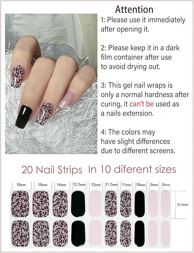 Semi Cured Gel Nail Strips, Leopard Glitter 20pcs Adhesive UV Sticker, Wraps for Home Manicure DIY