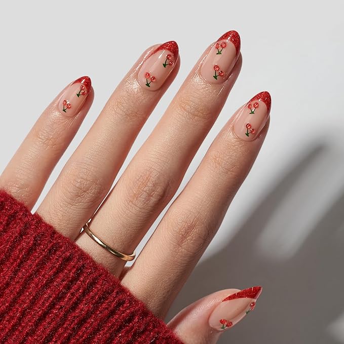 BTArtbox French Tip Press On Nails Almond - Red Press On Nails with Cherry Design, Short Almond Stick On Nails for Women, Soft Gel Fake Nails Kit in 16 Sizes, Sweet Cherry