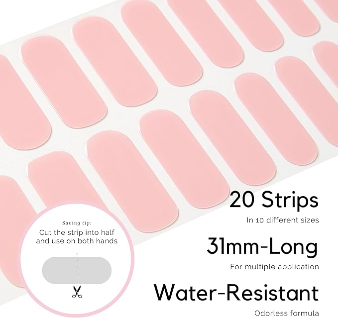 Semi Cured Gel Nail Strips - NAILOG 20 Pcs Pink Nail Stickers Extra Long Wraps with Glossy Gel Finishing for Spring Summer, Rosy Veil