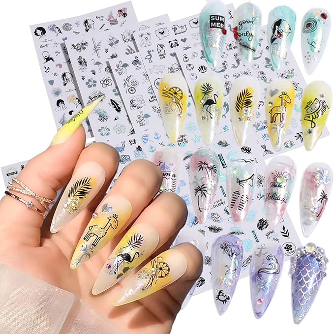 Silver Summer Nail Art Adhesive Sticker, Holographic Seaside Beach Nail Stickers Design, Mermaid Coconut Tree Flowers Leaf Animal Nail Art Decals for Women Manicure Charms Decor, Summer Transfer Decal