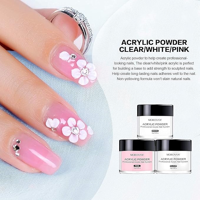 Morovan Acrylic Nail Kit: Clear Pink White Powder and Professional Liquid Set for Nail Extension - DIY at Home With Brush for Beginners