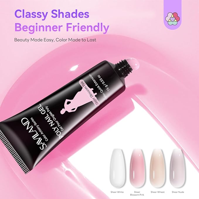 SAVILAND Hema-Free Poly Gel Nail Kit: 4 Colors Natural Clear Poly Gel Nail Colors with Mini U V/LED Lamp Slip Solution Quick Dry Nourish Nails 28 Days Durable for Gifts Daily Salon Home Nail Art DIY