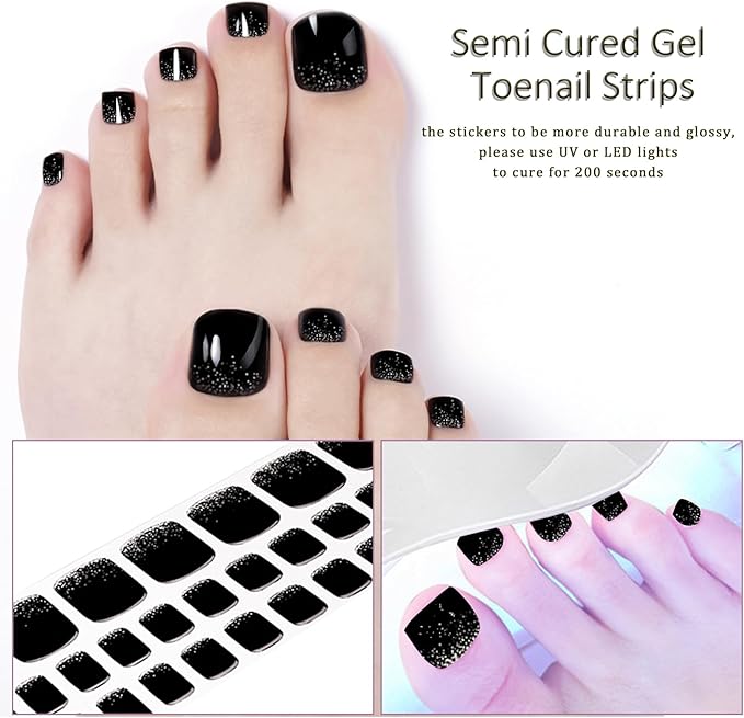 WOKOTO Semi Cured Gel Nail Strips For Toenails, 16 Size 32 Tips Black Glitter design Toe Nail Polish Strips With Nail File & Wooden Stick, Works With Lamps, Salon-Quality, Long Lasting, Easy To Use