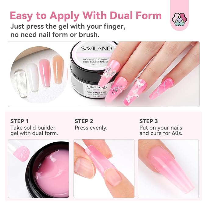 SAVILAND Non Sticky Solid Builder Nail Gel Kit: 4 Color Long-lasting Clear Nude White Pink Solid Hard Gel with Chrome Nail Powder for Nail Extension 3D Sculpting Nail Art Starter Kit DIY Home Salon