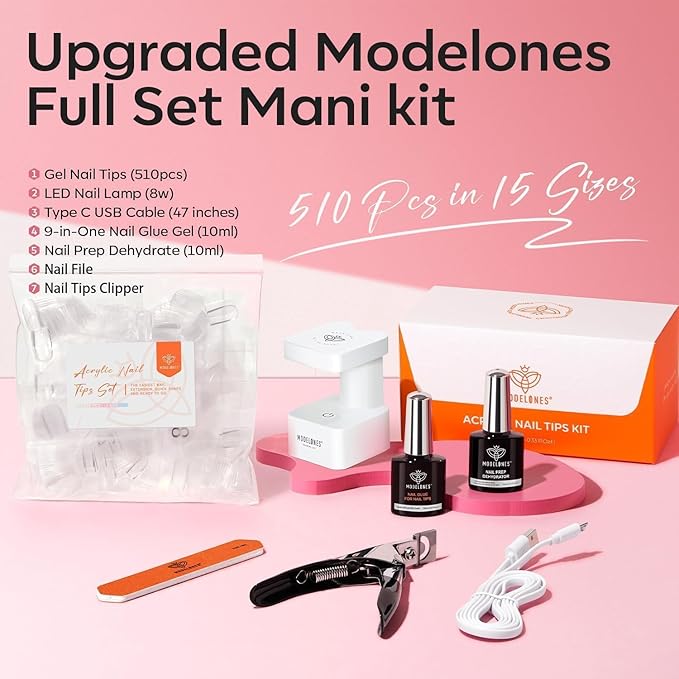 modelones X Nail Gel Kit, Upgrade 15Sizes Pre-shaped Gel Nail Tips Short Almond Shape, 9-in-One Glue Prep Dehydrator & Portable Led Lamp, 510Pcs Press On Extension Kit Gift for Women
