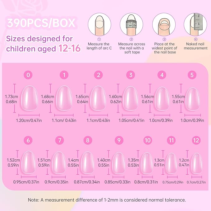 Ranrose 390pcs Extra Short Almond Nail Tips for Girls12-16 Years Old, 13 Sizes Pre-Shaped Soft Gel Press on Nails for Kids Natural Fit for DIY Nail Tips Art for School, Parties, Holidays,Dress Up
