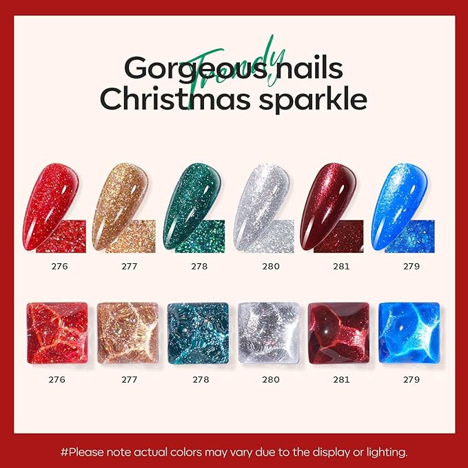 modelones Christmas Nail Polish Set 6 Colors, Red Green Burgundy Gold Silver Blue Glitter Quick Dry Mini Nail Lacquer Kit with Stickers, Winter Nail Art Manicure New Year Gift for Girls Women
