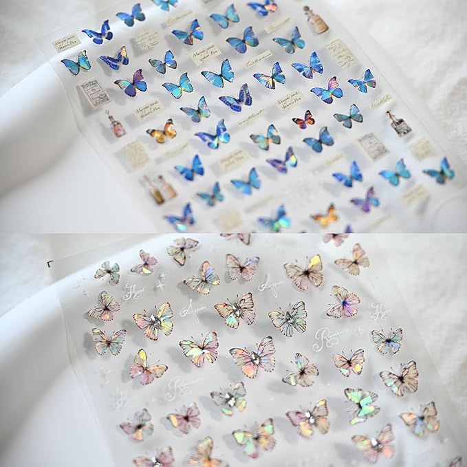 Blue Butterfly Nail Art Stickers Rhinestones Nail Decals for Nail Art Design Self-Adhesive Nail Accessories for Women Nail Art Supplies 3 Sheets