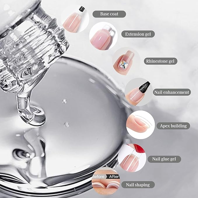 Builder Gel for Nails, 7-in-1 Clear Hard Gel for Rubber Base, Apex Building, Thickening Extensions and Rhinestone Glue, LED/UV Lamp Cured for DIY & Salon and Gift (15ml)