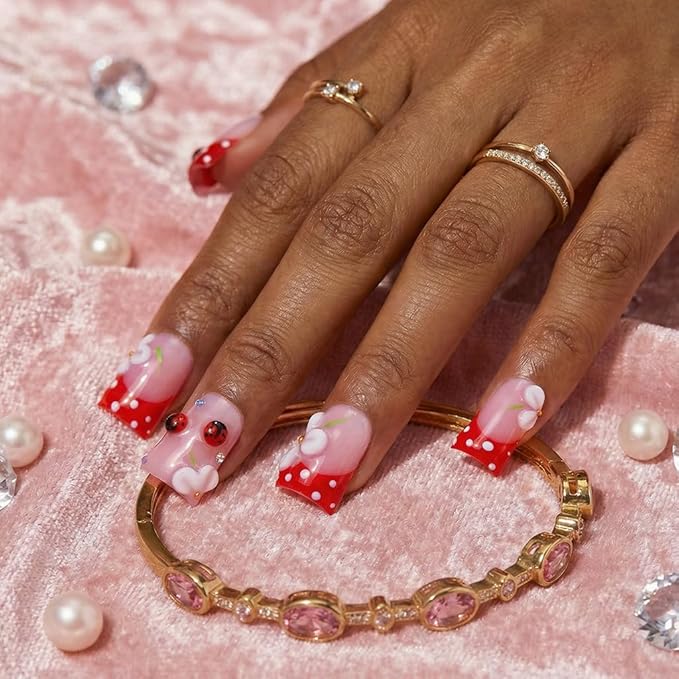 10 Pieces Luxury Acrylic Press On Nails Short Handmade Red Duck Nails,Thickened False French Nails, Three-dimensional Petals And Ladybugs, Reusable Fake Nails, Acrylic Nails (S)