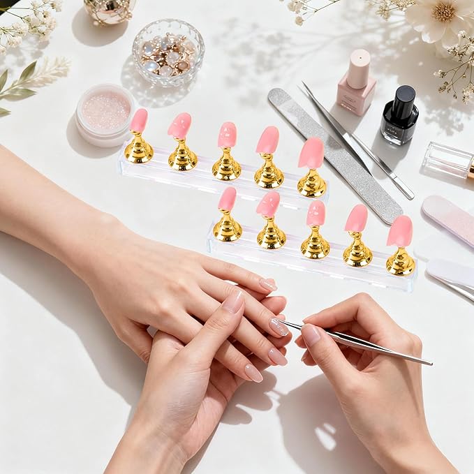 Nail Stand Nail Holder for Painting Nails 2 Sets Press on Nails Stand Display with 96 Pcs Reusable Adhesive Putty Clay Magnetic Acrylic Nailss Art Tools Accessories for Home DIY Salon Supplies Gold