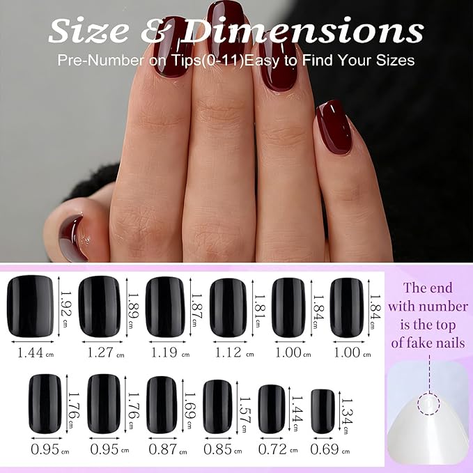 Dark Red Press On Nails Square -Short Press On Nails with Nail Glue, Fit Perfectly & Natural Reusable Stick On Nails in 12 Sizes - 24PCS Soft Gel Glue On Nails Kit